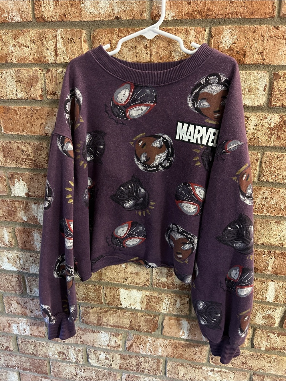 Marvel Women's Plum Graphic Crewneck Sweater with Character Faces